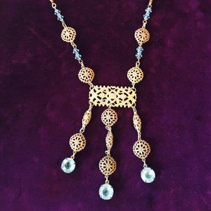 Art Deco Blue Crystal Filigree Necklace